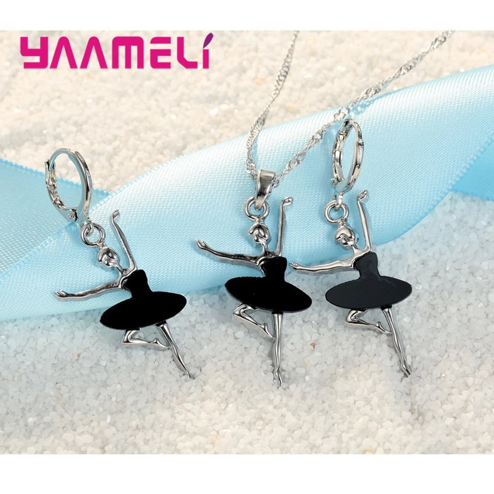 925 Sterling Silver Color Necklace/Earring Sets Sports Style Elegant Human Dance For Women Girl Birthday Party Qme