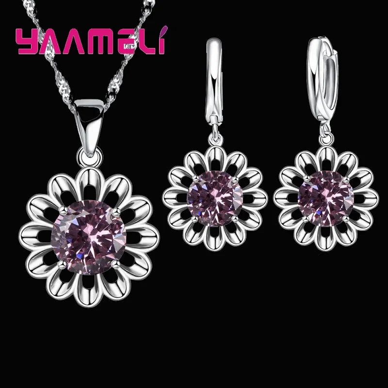 New Fashion Wedding Jewelry Set Women Top Quality 925 Sterling Silver Color Crystal Pendant Necklace Hoop Earring Big Promotion Qme Pink