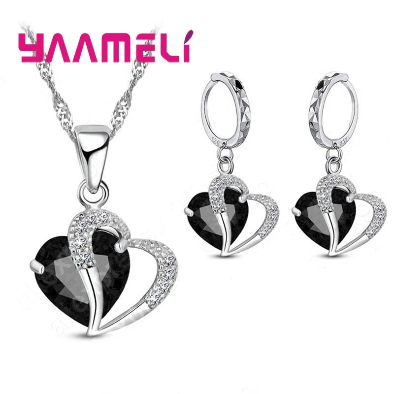 Bridal Jewelry Set Heart CZ Crystal 925 Sterling Silver Color Pendant Necklace Earrings for Women Wedding Anniversary Gifts Qme