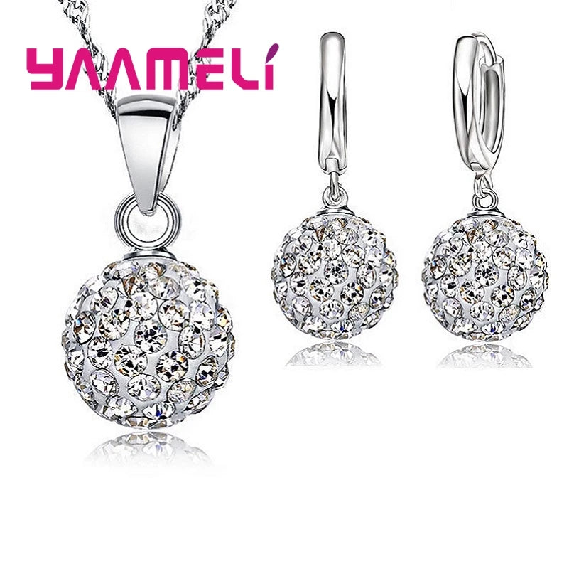 925 Sterling Silver Stamped Bridal Jewelry Sets Women Girls Wedding Gifts Austrian Crystal CZ Disco Ball Necklace Hoop Earrings Qme