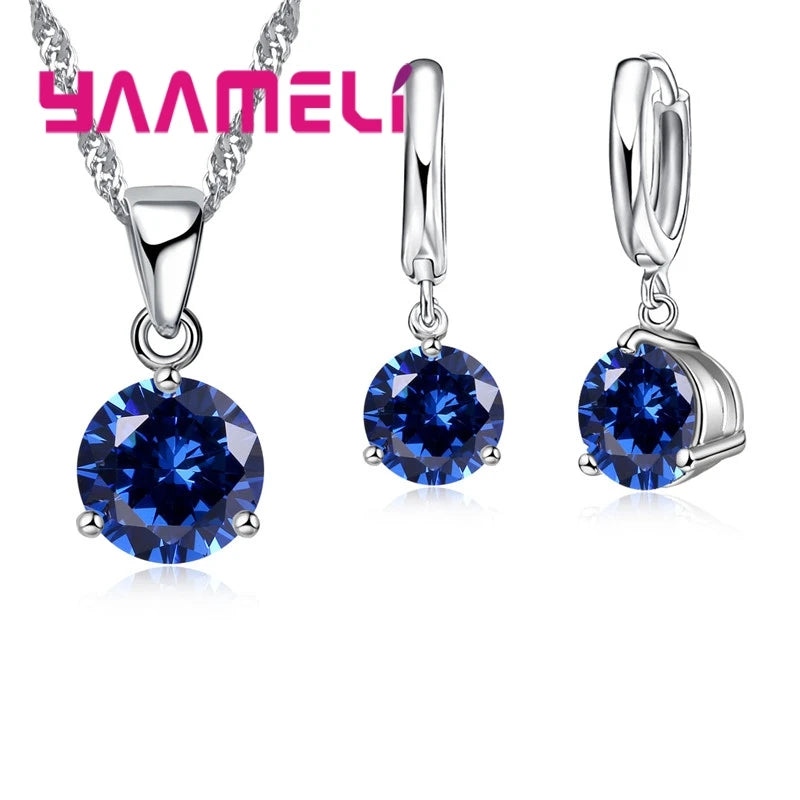 Candy Color Wedding Elegant Jewelry Sets 925 Sterling Silver Color Crystal Pendant Collar Necklace Earrings Qme Blue