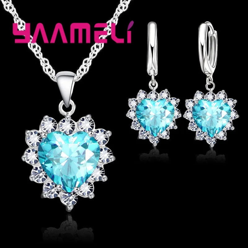 Trendy Jewelry Set for Women 925 Sterling Silver Color Heart CZ Stone Charm Pendants Necklaces Earrings LOVE Anniversary Gift Qme Blue 1
