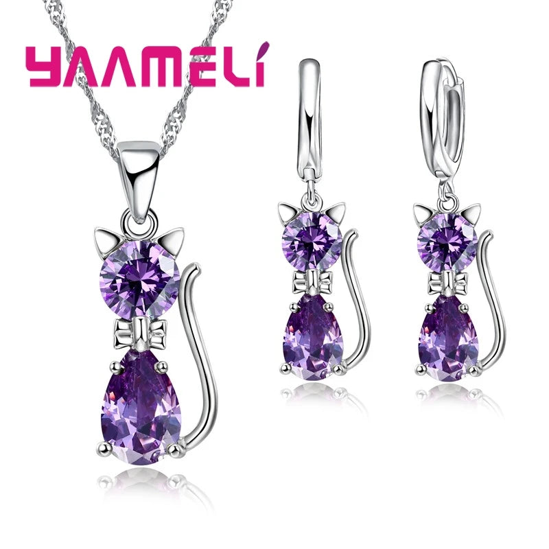 Real 925 Sterling Silver Color Jewelry Sets for Woman Girls Shining Austrian Crystal Cute Cat Pendant Necklace Huggie Earring Qme Purple