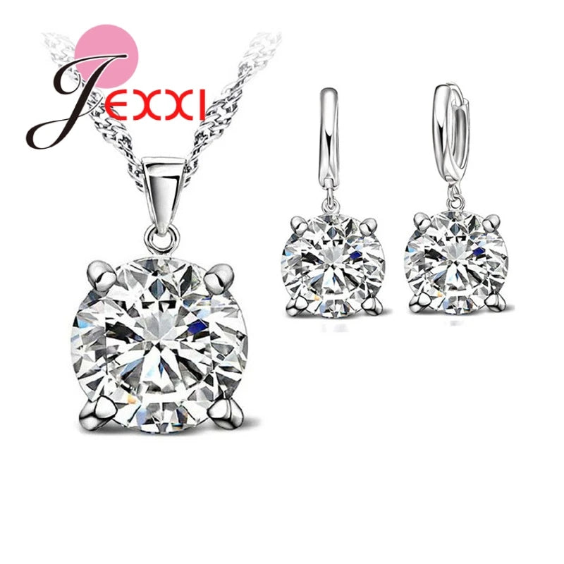 Hot Selling 4 Claws Cubic Zirconia CZ 925 Sterling Silver Color Jewelry Sets Pendant Necklace Earring for Women Wedding Sets Qme
