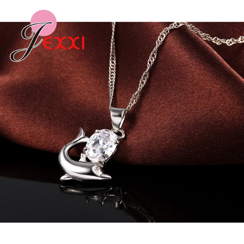 Fashion Austrian Crystal Jewelry Set 925 Sterling Silver Color Sweet Dolphin Pendant Necklace Loop Earrings Sets for Women Qme