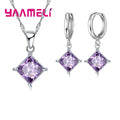 Authentic 925 Sterling Silver Color CZ Geometric Classic Square Huggie Earrings Necklace Sets for Women Fine Jewelry Qme Purple
