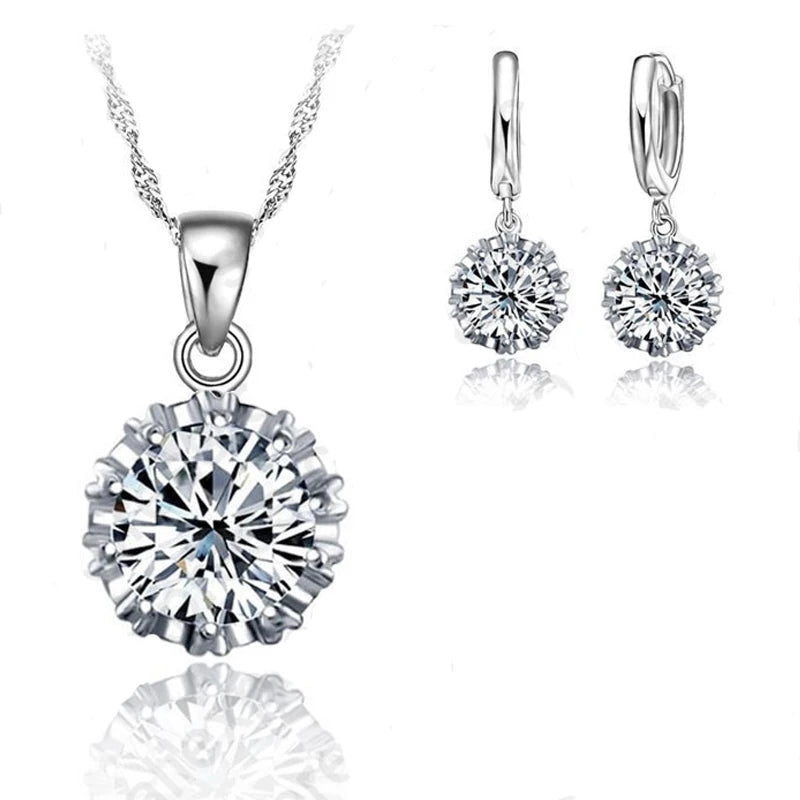 Trendy Women Jewelry Sets 925 Sterling Silver Color Cubic Zirconia Necklace Pendant Hoop Earrings Big Sale Qme 45cm WHITE