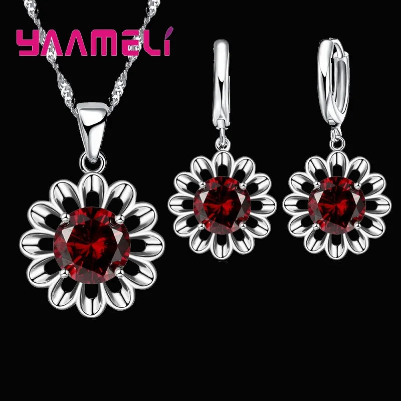 New Fashion Wedding Jewelry Set Women Top Quality 925 Sterling Silver Color Crystal Pendant Necklace Hoop Earring Big Promotion Qme Red