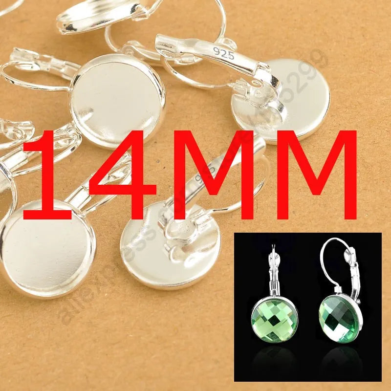 8-10-12-14-16-18-20-25MM 925 Sterling Silver Color Jewelry Findings Flat Disco Cabochon Cameo Settings Earring French Lever Back Qme 14mm