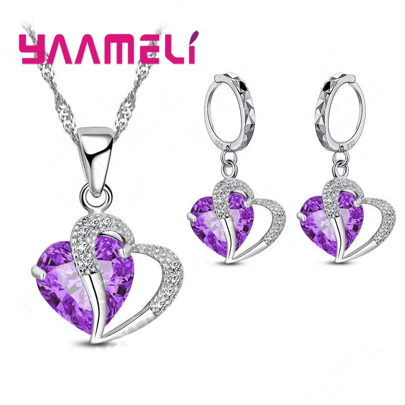 Bridal Jewelry Set Heart CZ Crystal 925 Sterling Silver Color Pendant Necklace Earrings for Women Wedding Anniversary Gifts Qme