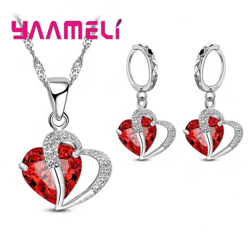 Bridal Jewelry Set Heart CZ Crystal 925 Sterling Silver Color Pendant Necklace Earrings for Women Wedding Anniversary Gifts Qme Red