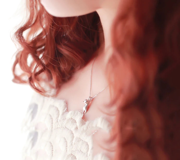 Funny Girls Cute Animal Jewelry High Quality Fashion Cartoon Cat 925 Sterling Silver Color Necklaces for Women Pendant Jewellry Qme