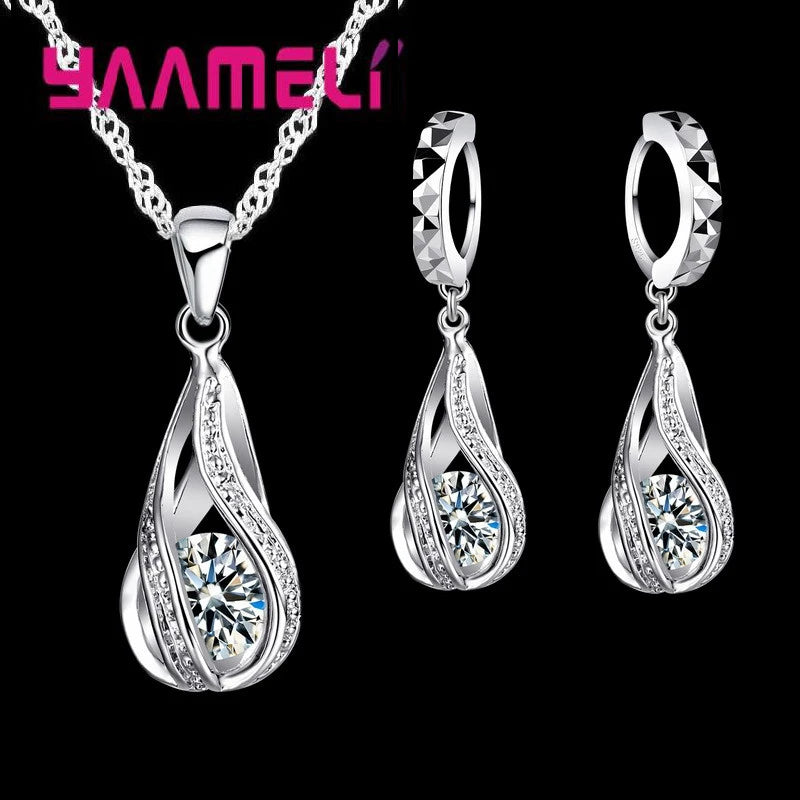 Hot Water Drop CZ 925 Sterling Silver Plated Jewelry Set For Women Pendant Necklace Hoop Earrings Wedding Party Ceremoey Anel Qme
