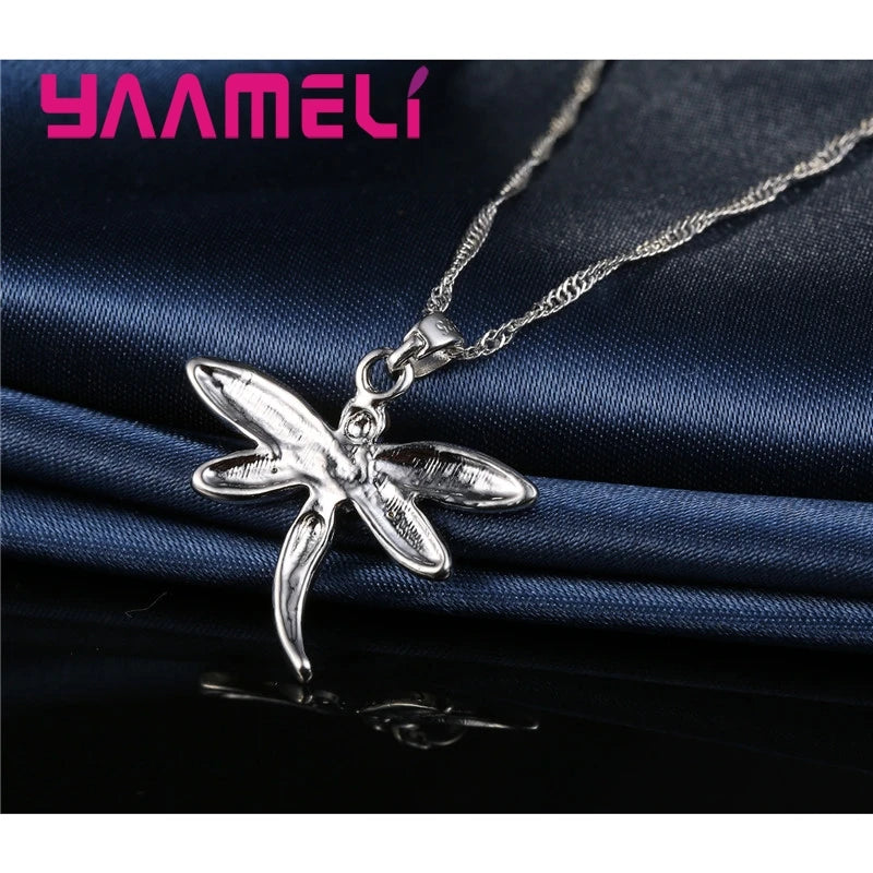 Women's Glitter Colored Cubic Zirconia Necklace And Earrings Set Dragonfly Design 925 Sterling Silver Color Jewelry for Girls Qme
