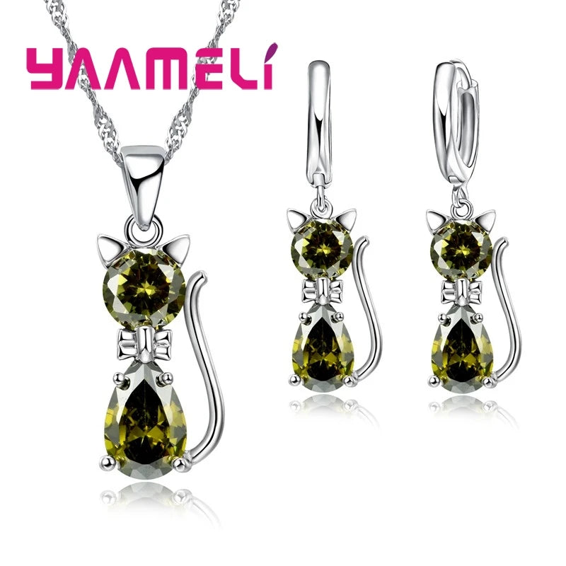 Real 925 Sterling Silver Color Jewelry Sets for Woman Girls Shining Austrian Crystal Cute Cat Pendant Necklace Huggie Earring Qme Green