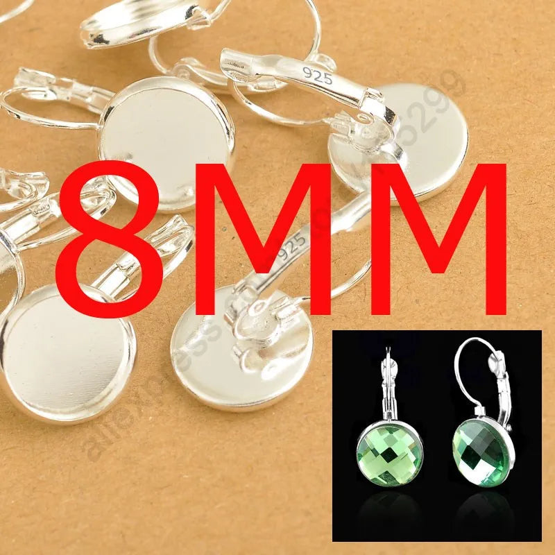 8-10-12-14-16-18-20-25MM 925 Sterling Silver Color Jewelry Findings Flat Disco Cabochon Cameo Settings Earring French Lever Back Qme 8mm