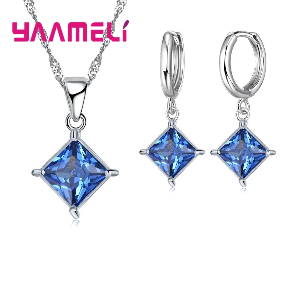 Authentic 925 Sterling Silver Color CZ Geometric Classic Square Huggie Earrings Necklace Sets for Women Fine Jewelry Qme Blue