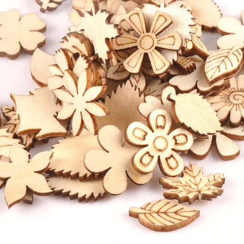 50Pcs Mix Plant/Flower/grass Shape Natural Wooden For Handmade DIY Crafts Wood Ornament Scrapbooking Home Decoration 20mm m1805 Qme