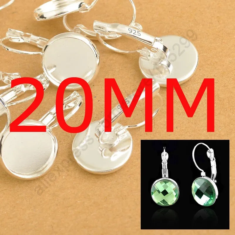 8-10-12-14-16-18-20-25MM 925 Sterling Silver Color Jewelry Findings Flat Disco Cabochon Cameo Settings Earring French Lever Back Qme 20mm