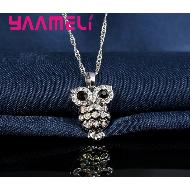 Luxury Women Jewelry Sets Shining 925 Sterling Silver Color Cubic Zircon Retro Night Owl for Girls Gifts Necklace Earrings Qme