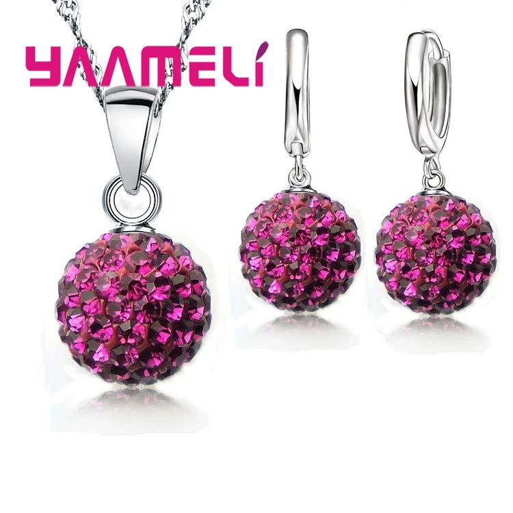 925 Sterling Silver Stamped Bridal Jewelry Sets Women Girls Wedding Gifts Austrian Crystal CZ Disco Ball Necklace Hoop Earrings Qme