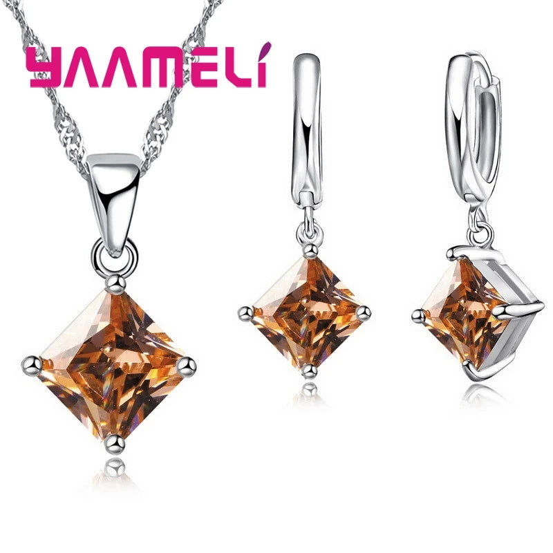 New Fashion Women Pendants Necklace Simple Geometry Square Earrings Crystal 925 Sterling Silver Color Jewelry Sets for Wedding Qme