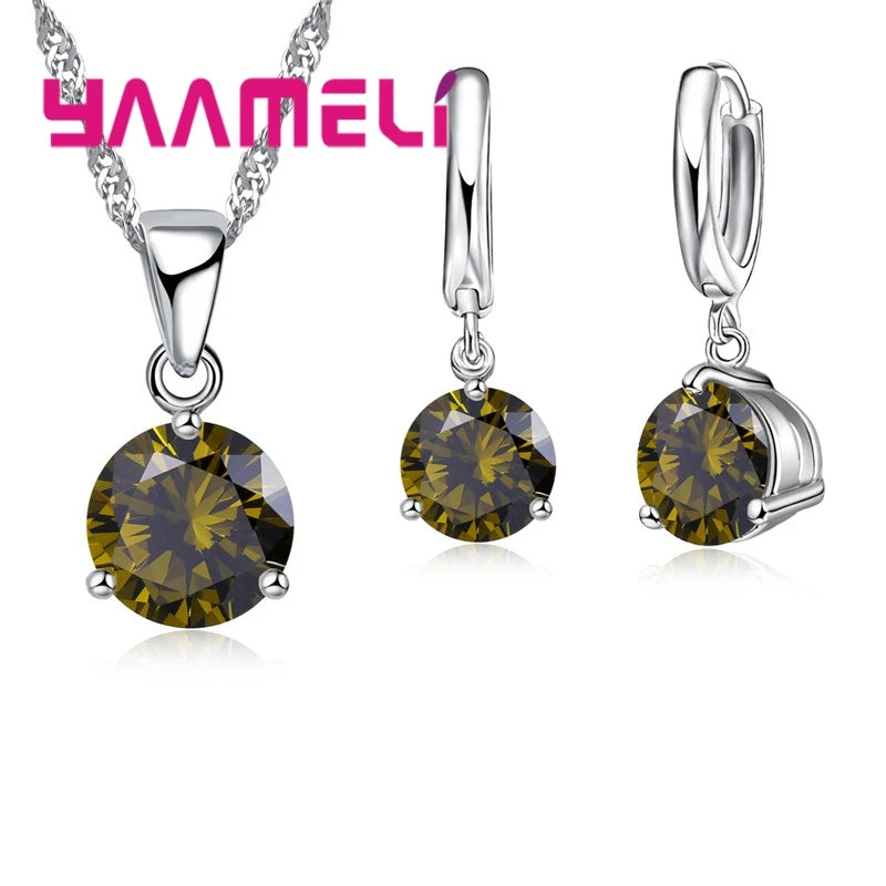Candy Color Wedding Elegant Jewelry Sets 925 Sterling Silver Color Crystal Pendant Collar Necklace Earrings Qme Green
