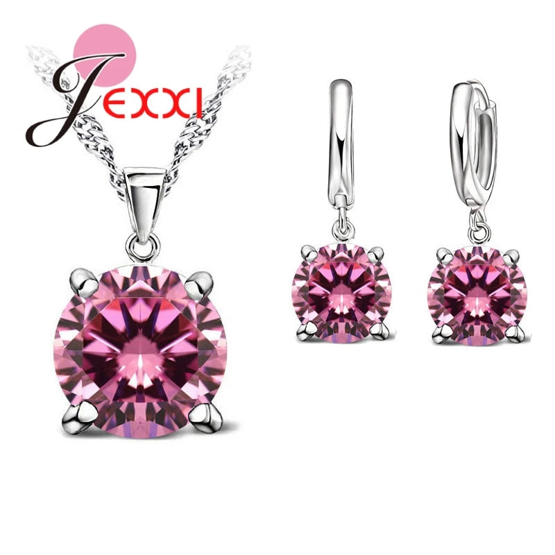 Hot Selling 4 Claws Cubic Zirconia CZ 925 Sterling Silver Color Jewelry Sets Pendant Necklace Earring for Women Wedding Sets Qme