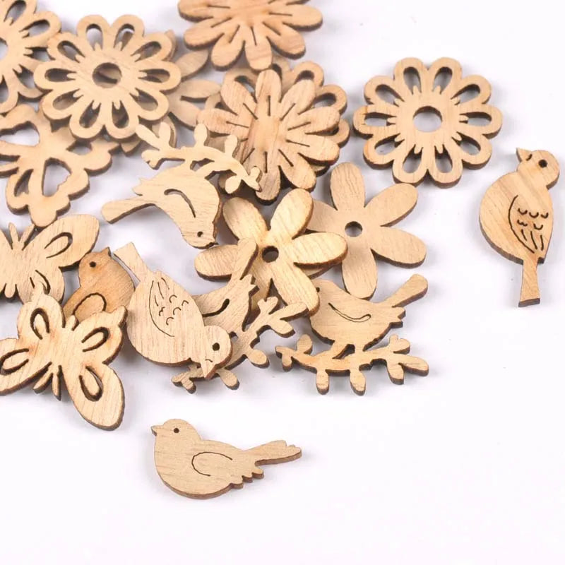50pcs 22-30mm Natural Wood Crafts Butterflies and birds DIY Scrapbooking For Wooden Ornament Home Decoration m2504 Qme