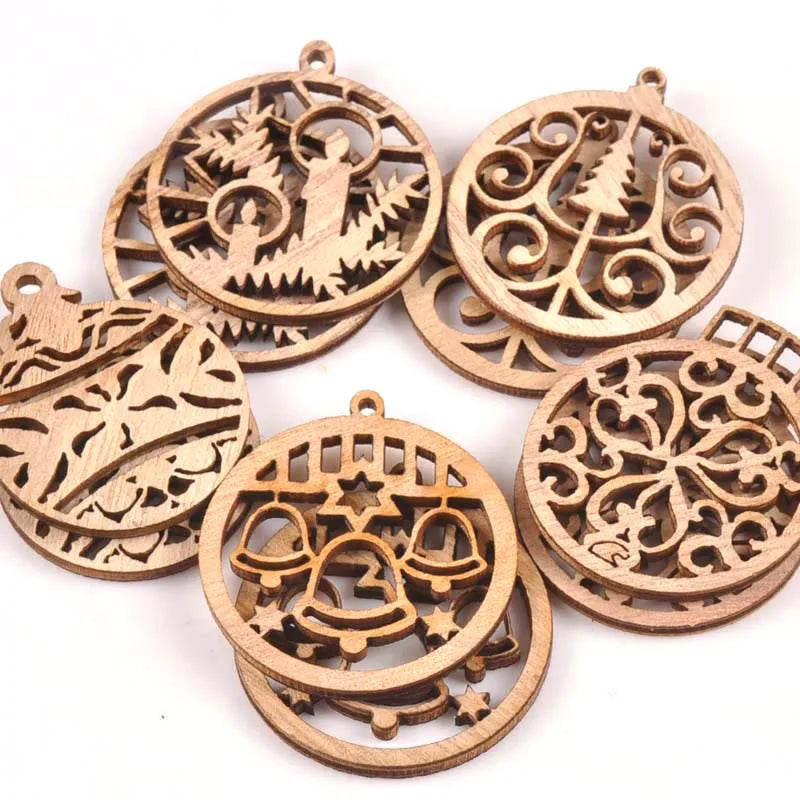 10pcs Carved Christmas Ball Wood DIY Craft Scrapbooking Decoration Natural Wooden Ornament For Home Handicrafts m1855 Qme