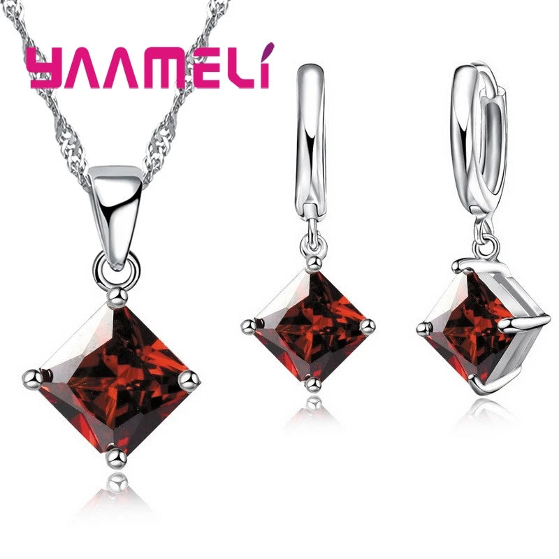 New Fashion Women Pendants Necklace Simple Geometry Square Earrings Crystal 925 Sterling Silver Color Jewelry Sets for Wedding Qme