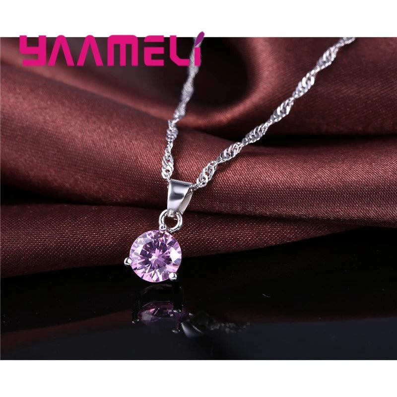 Candy Color Wedding Elegant Jewelry Sets 925 Sterling Silver Color Crystal Pendant Collar Necklace Earrings Qme