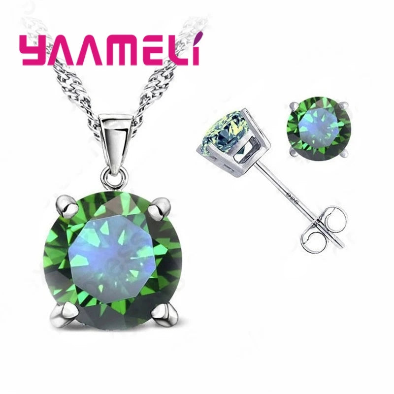 Fast Shipping 925 Serling Silver Color Shiny Cubic Zirconia Necklace Pendant Earrings Women Big Round Crystal Jewelry Sets Qme