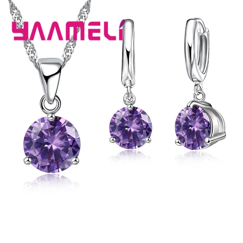 Candy Color Wedding Elegant Jewelry Sets 925 Sterling Silver Color Crystal Pendant Collar Necklace Earrings Qme Purple