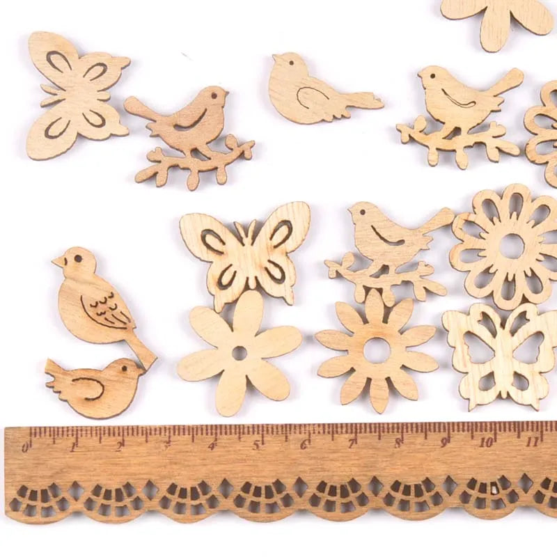 50pcs 22-30mm Natural Wood Crafts Butterflies and birds DIY Scrapbooking For Wooden Ornament Home Decoration m2504 Qme