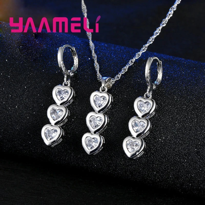 Romantic Gifts Jewelry Sets Shiny 925 Sterling Silver Color CZ Crystal Hearts Cubic Zircon Stones Pendant Necklace Earrings Qme