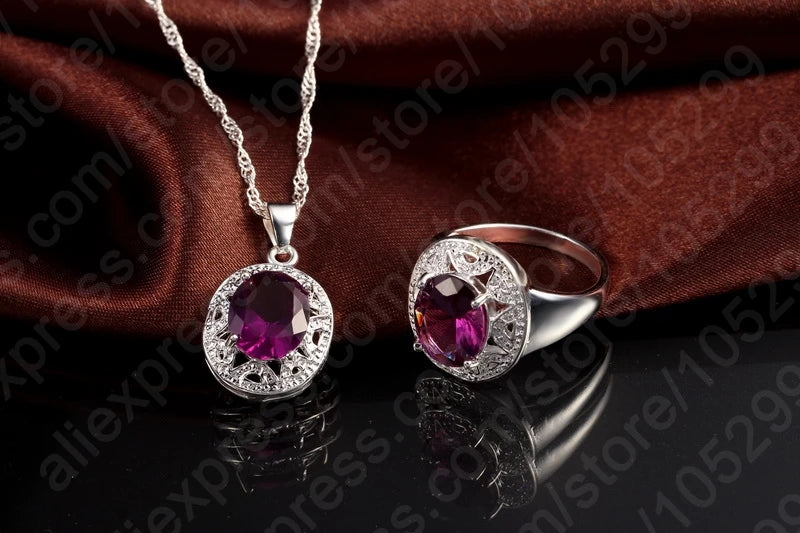 Elegant Women 925 Sterling Silver Color Purple Crystal Pendants Necklaces Earring Ring Set for Wedding Engagement Jewelry Gift Qme