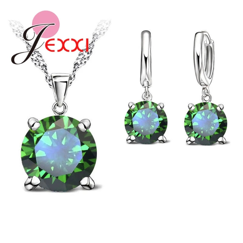 Hot Selling 4 Claws Cubic Zirconia CZ 925 Sterling Silver Color Jewelry Sets Pendant Necklace Earring for Women Wedding Sets Qme