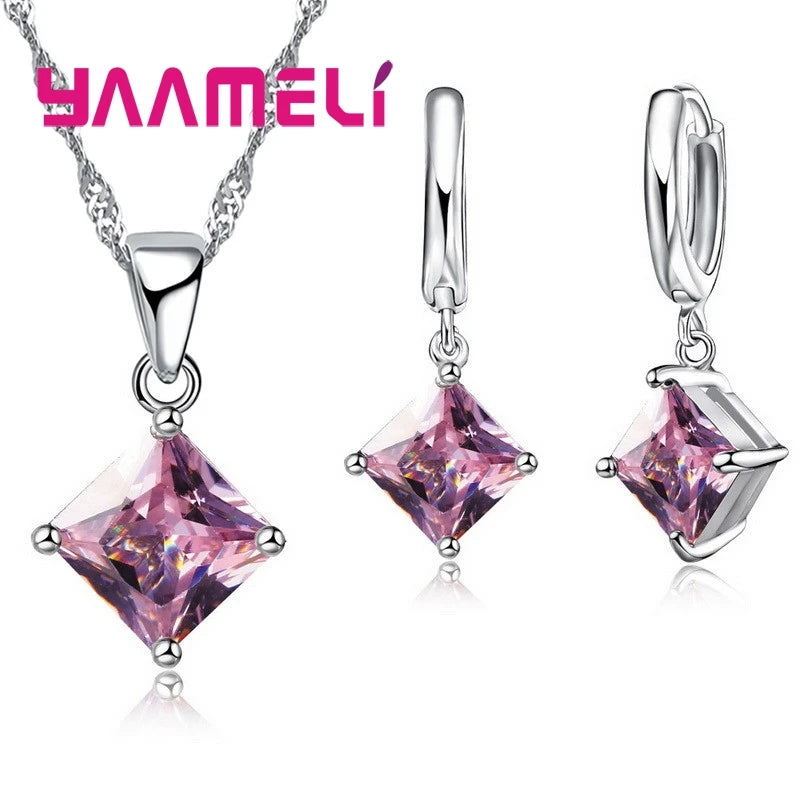 New Fashion Women Pendants Necklace Simple Geometry Square Earrings Crystal 925 Sterling Silver Color Jewelry Sets for Wedding Qme Pink