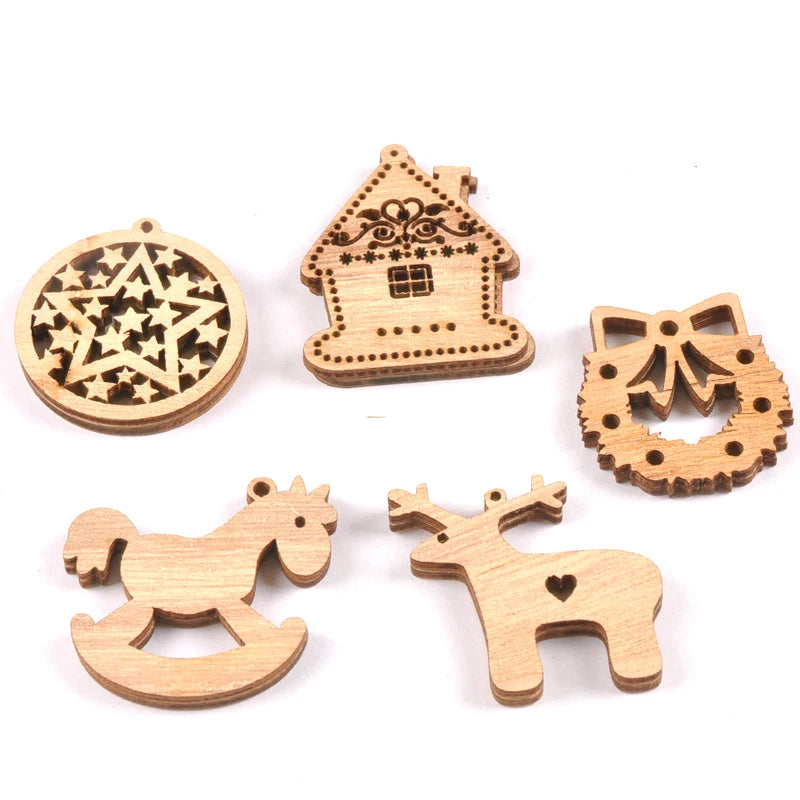 10pcs Christmas Tree Ornament Wooden Hanging Pendants house wreath Bell Elk Star Christmas Decorations for Home m2129 Qme