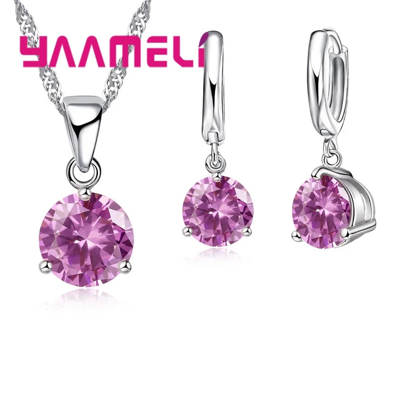 Candy Color Wedding Elegant Jewelry Sets 925 Sterling Silver Color Crystal Pendant Collar Necklace Earrings Qme Pink