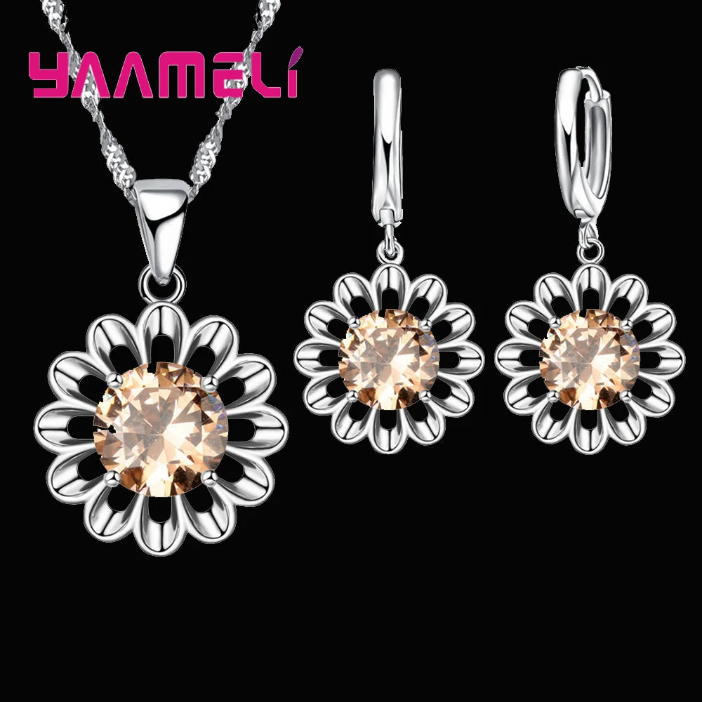 New Fashion Wedding Jewelry Set Women Top Quality 925 Sterling Silver Color Crystal Pendant Necklace Hoop Earring Big Promotion Qme