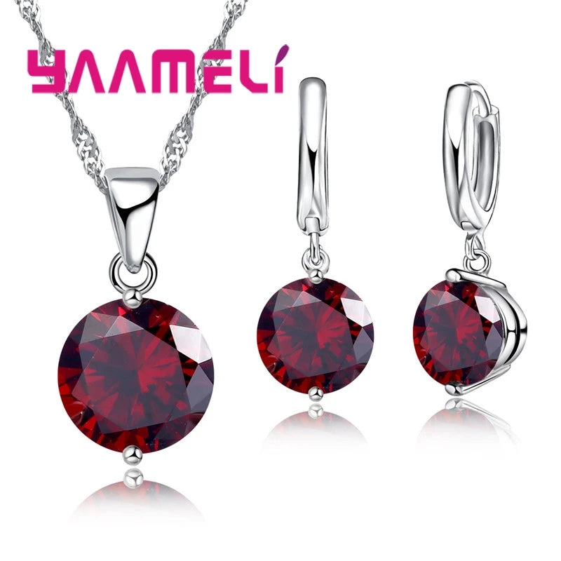 925 Sterling Silver Color Pendant Necklace Huggie Earrings Sets for Wedding Engagement Austrian CZ Crystal Women Girl Gifts Qme