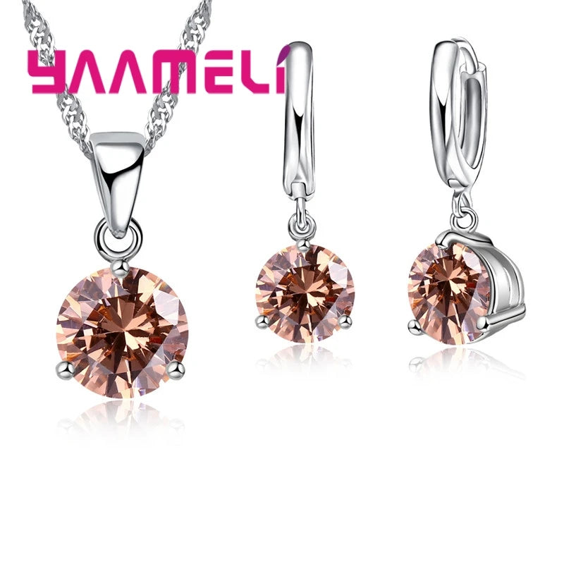 Candy Color Wedding Elegant Jewelry Sets 925 Sterling Silver Color Crystal Pendant Collar Necklace Earrings Qme Campagne