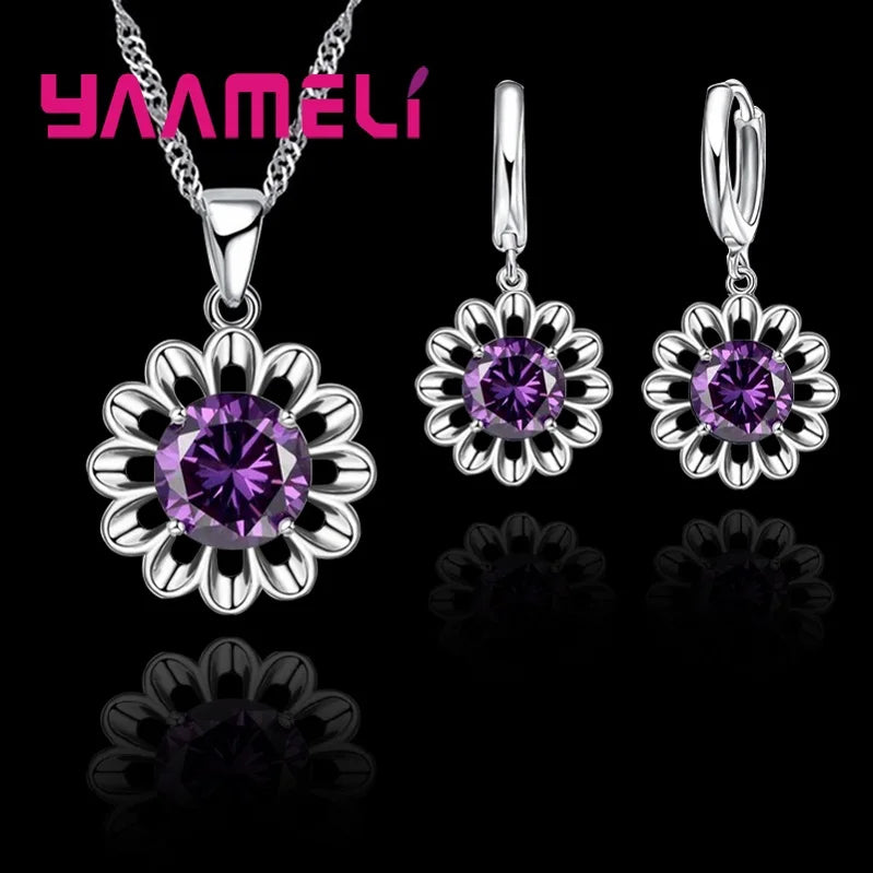 New Fashion Wedding Jewelry Set Women Top Quality 925 Sterling Silver Color Crystal Pendant Necklace Hoop Earring Big Promotion Qme Purple