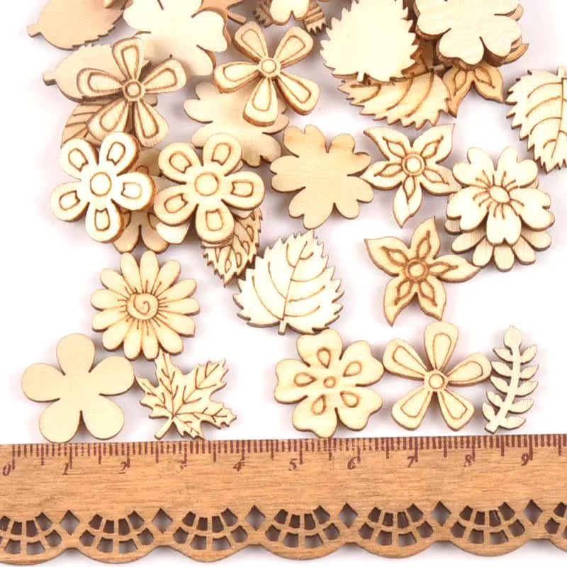 50Pcs Mix Plant/Flower/grass Shape Natural Wooden For Handmade DIY Crafts Wood Ornament Scrapbooking Home Decoration 20mm m1805 Qme