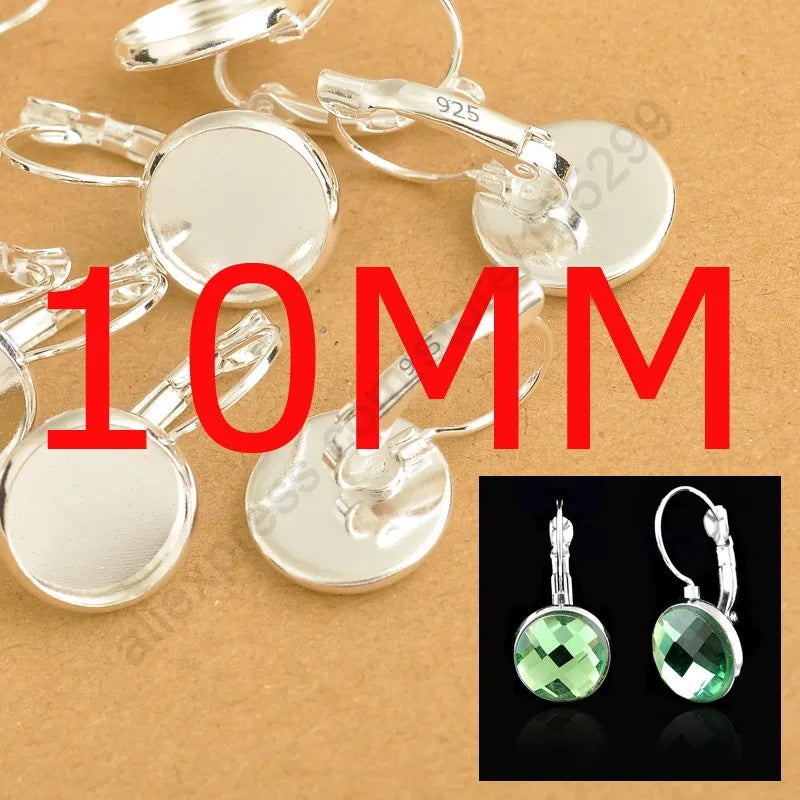 8-10-12-14-16-18-20-25MM 925 Sterling Silver Color Jewelry Findings Flat Disco Cabochon Cameo Settings Earring French Lever Back Qme 10mm
