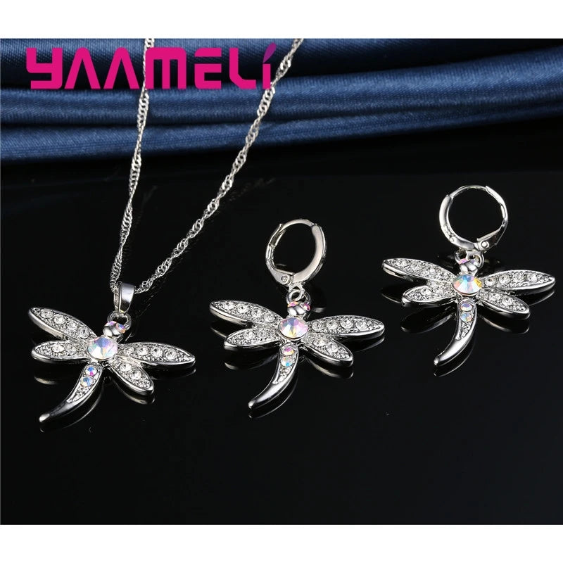 Women's Glitter Colored Cubic Zirconia Necklace And Earrings Set Dragonfly Design 925 Sterling Silver Color Jewelry for Girls Qme