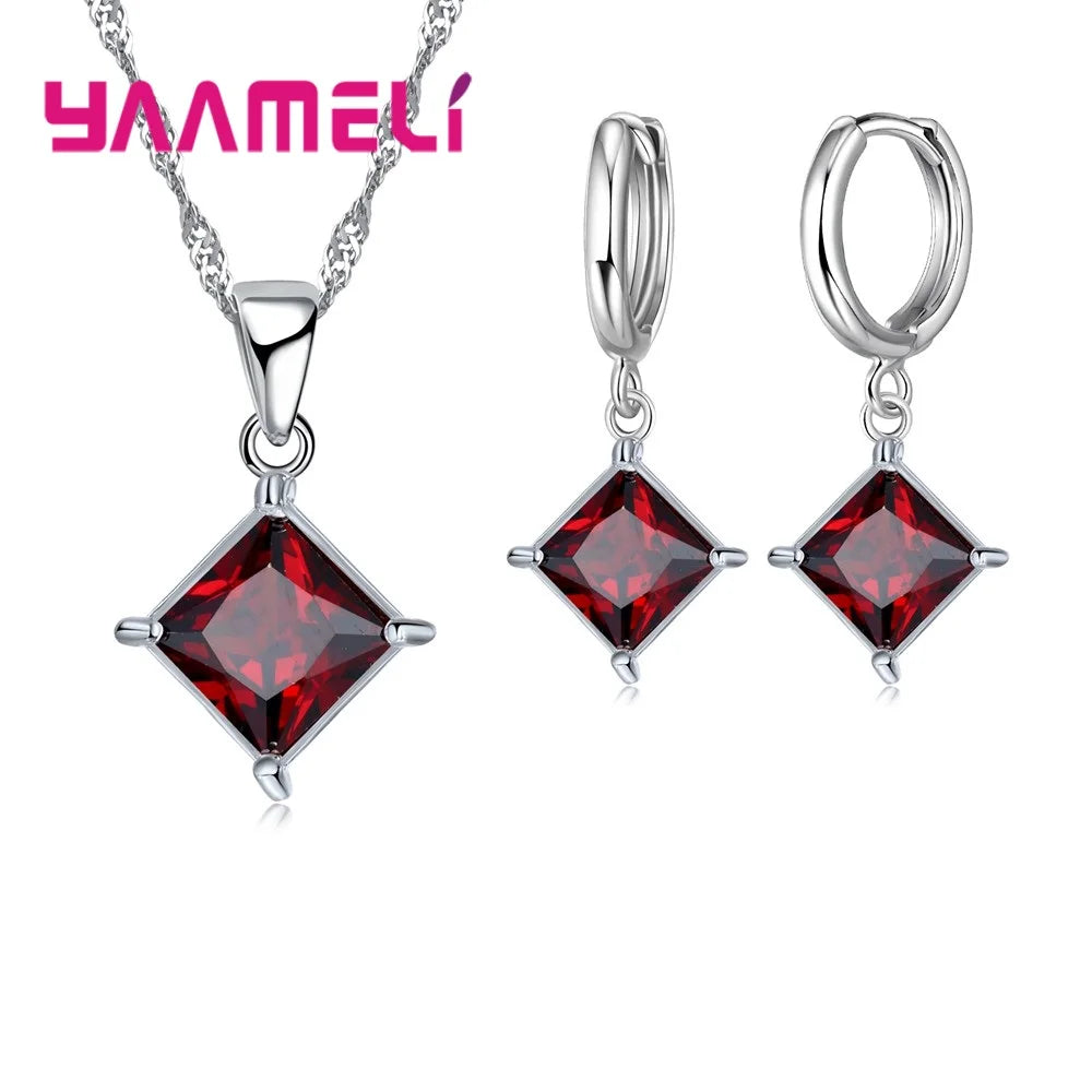 Authentic 925 Sterling Silver Color CZ Geometric Classic Square Huggie Earrings Necklace Sets for Women Fine Jewelry Qme Red