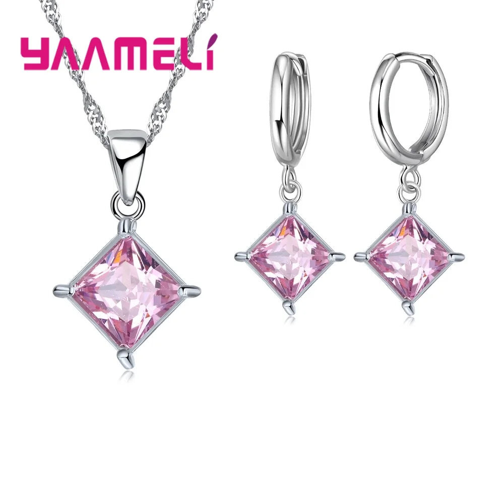 Authentic 925 Sterling Silver Color CZ Geometric Classic Square Huggie Earrings Necklace Sets for Women Fine Jewelry Qme Pink